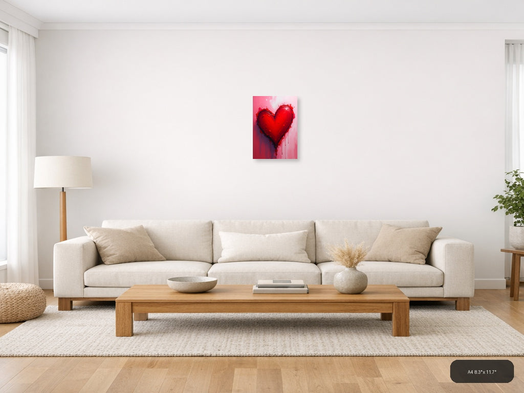 Abstract Red Heart with Dripping Paint Wall Art — A4 / Living Room