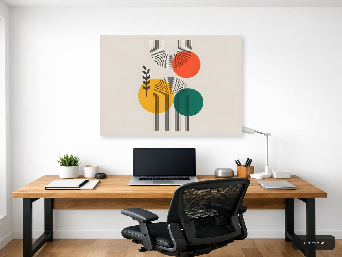 Abstract Line Art with Geometric Circles & Botanical Leaf Wall Art — A1 / Office