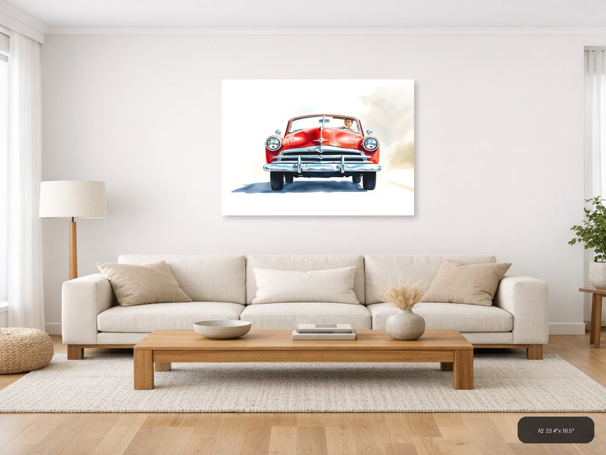 Red Classic Convertible Watercolor Wall Art — A2 / Living Room