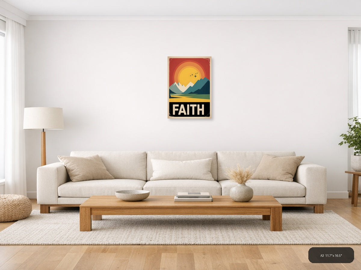 Vintage Faith Mountain Sunset Wall Art Print — A3 / Living Room