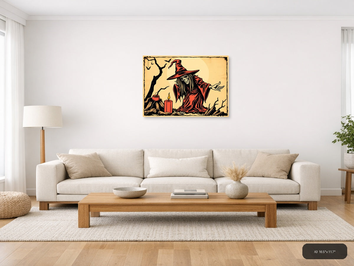 Vintage Witch in Red Robe Halloween Wall Art — A3 / Living Room