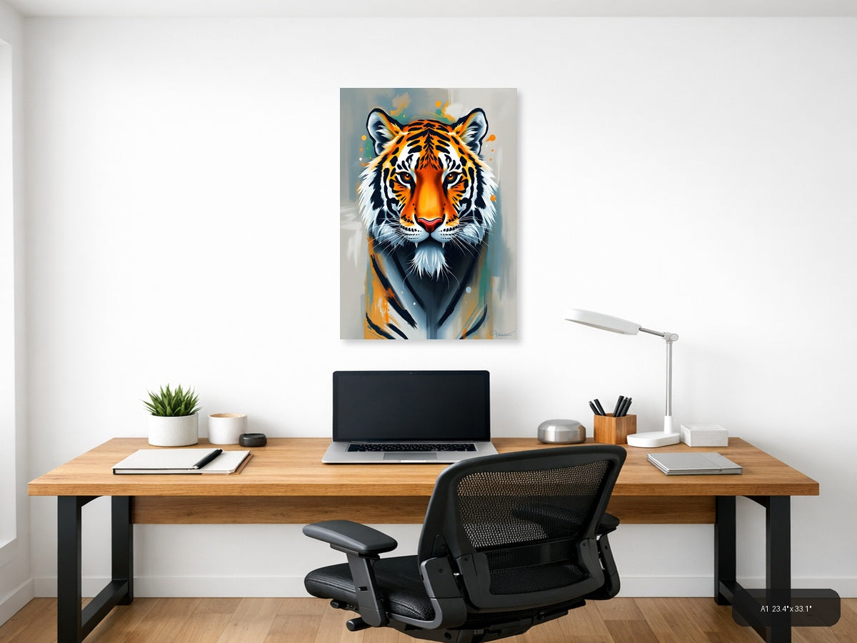 Abstract Tiger Head Portrait Orange Black Wall Art — A1 / Office
