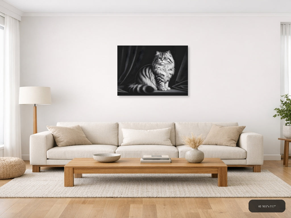Fluffy Tabby Cat Black and White Photography Wall Art — A3 / Living Room