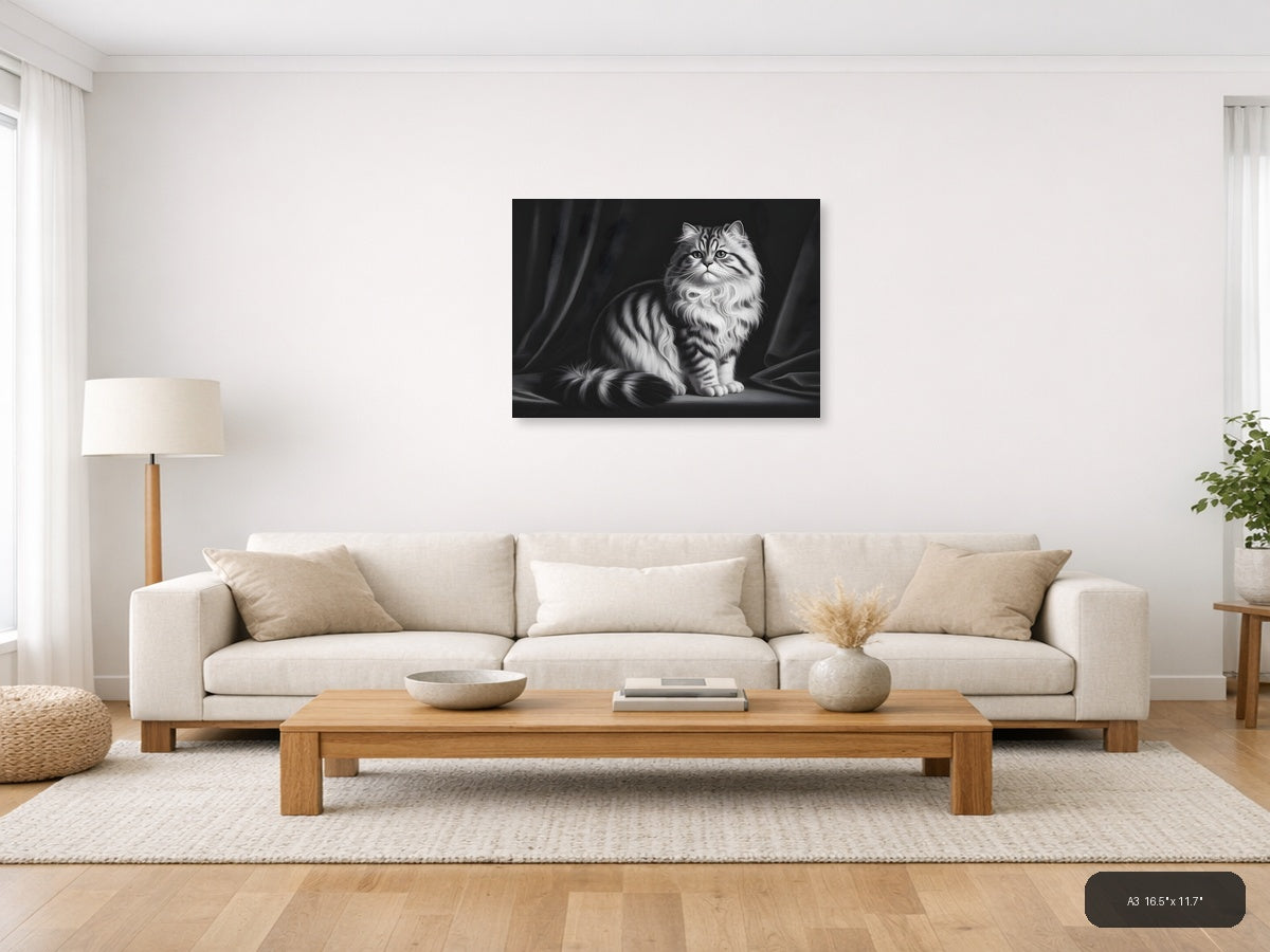 Fluffy Tabby Cat Black and White Photography Wall Art — A3 / Living Room