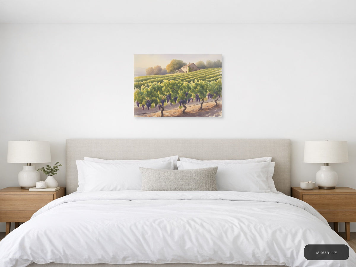 Tuscan Vineyard Watercolor Landscape Wall Art — A3 / Bedroom