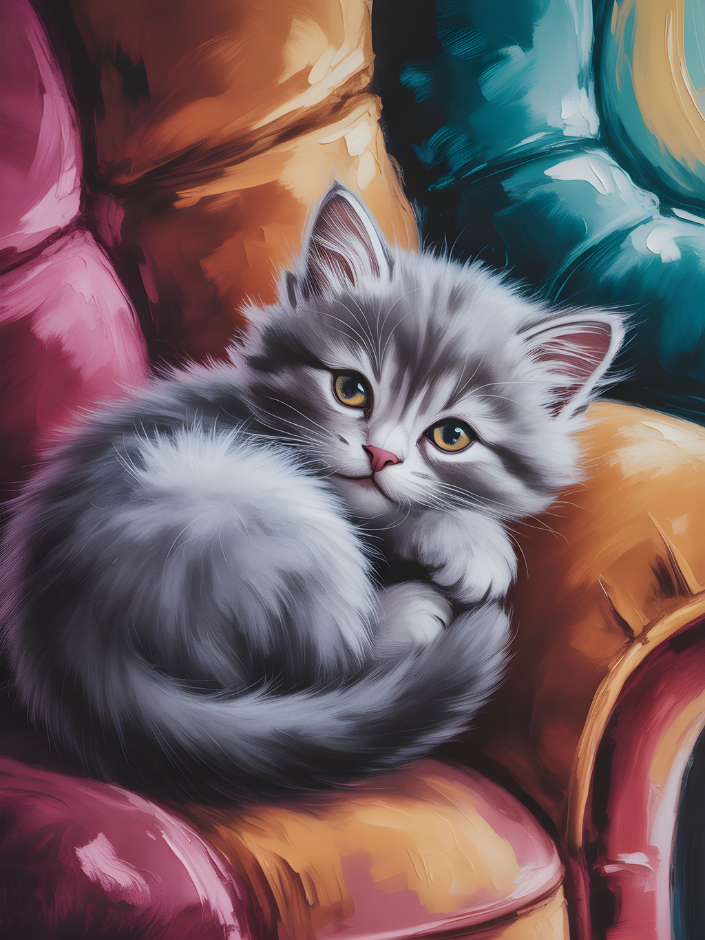 Fluffy White Kitten Abstract Colorful Wall Art