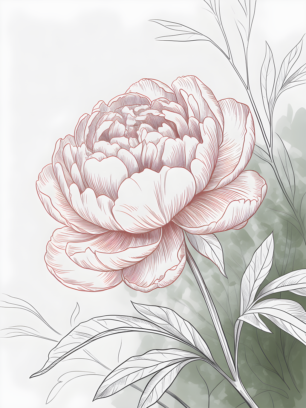 Pink Peony Line Art with Green Leaves Wall Art