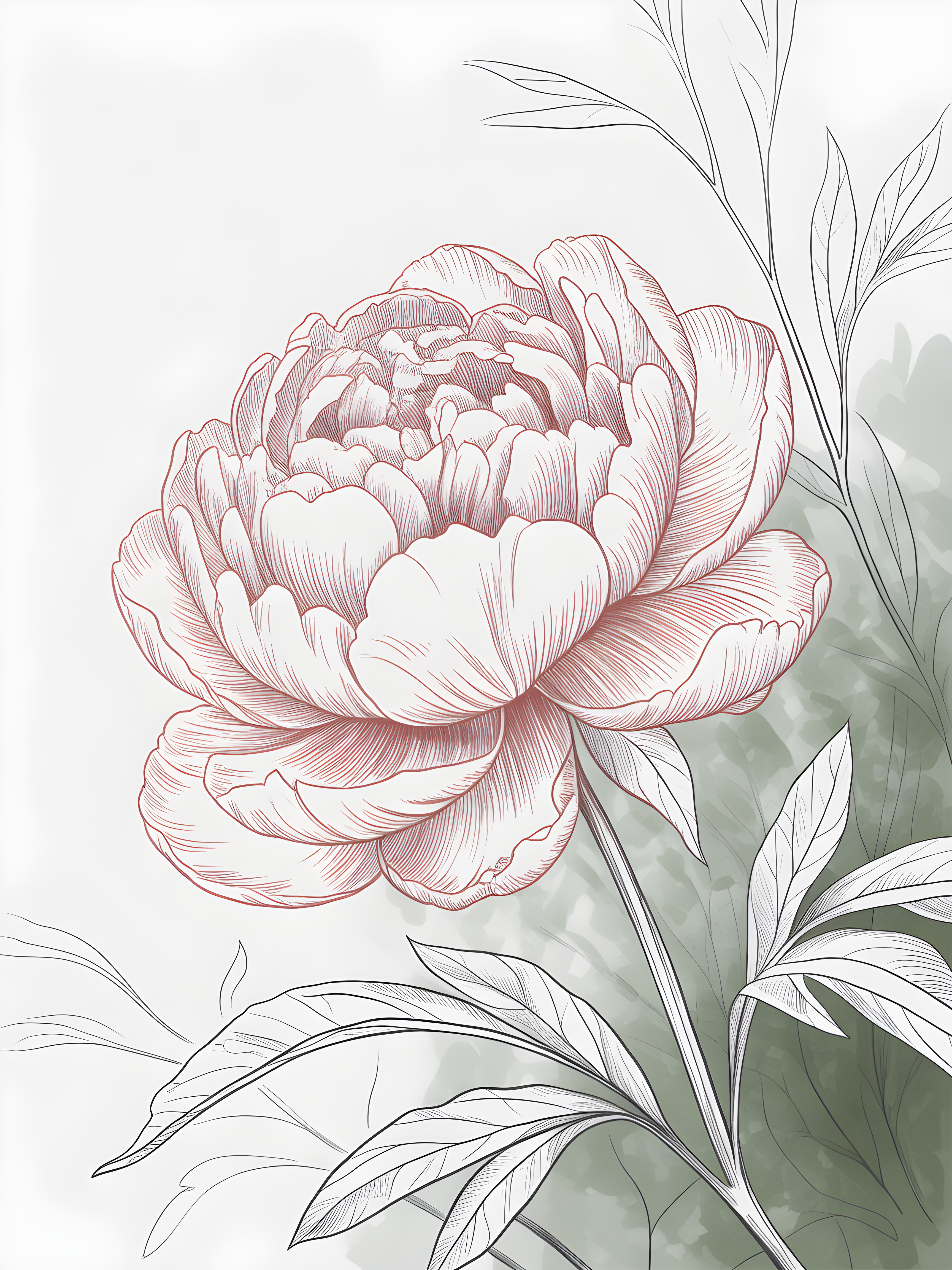 Pink Peony Line Art with Green Leaves Wall Art