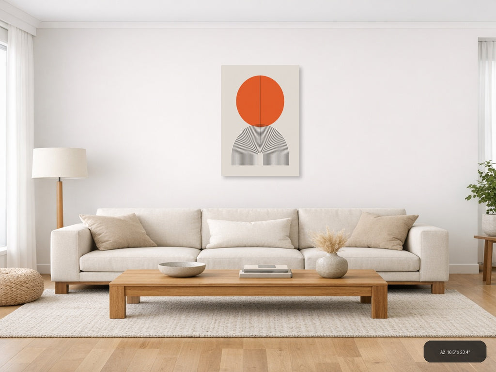 Orange Circle with Line Art Arch Minimalist Wall Art — A2 / Living Room