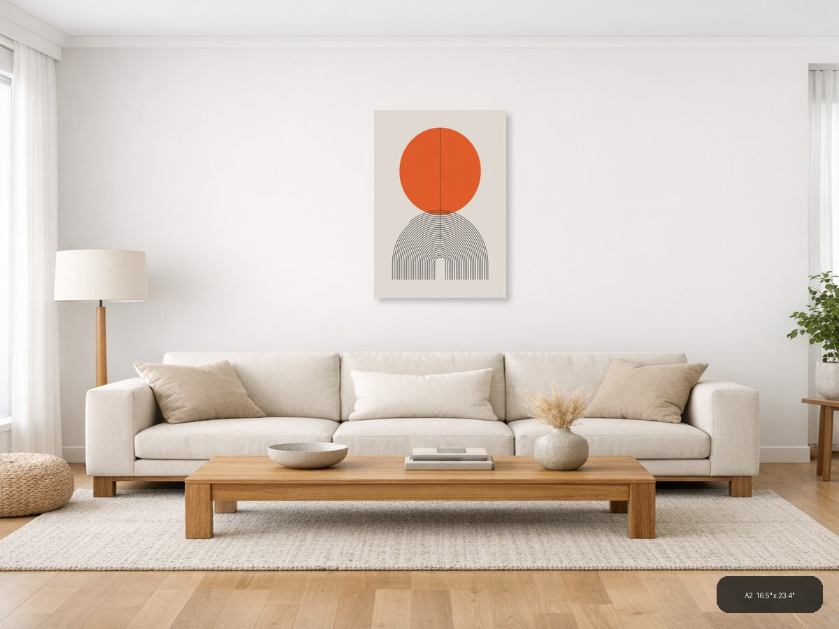 Orange Circle with Line Art Arch Minimalist Wall Art — A2 / Living Room