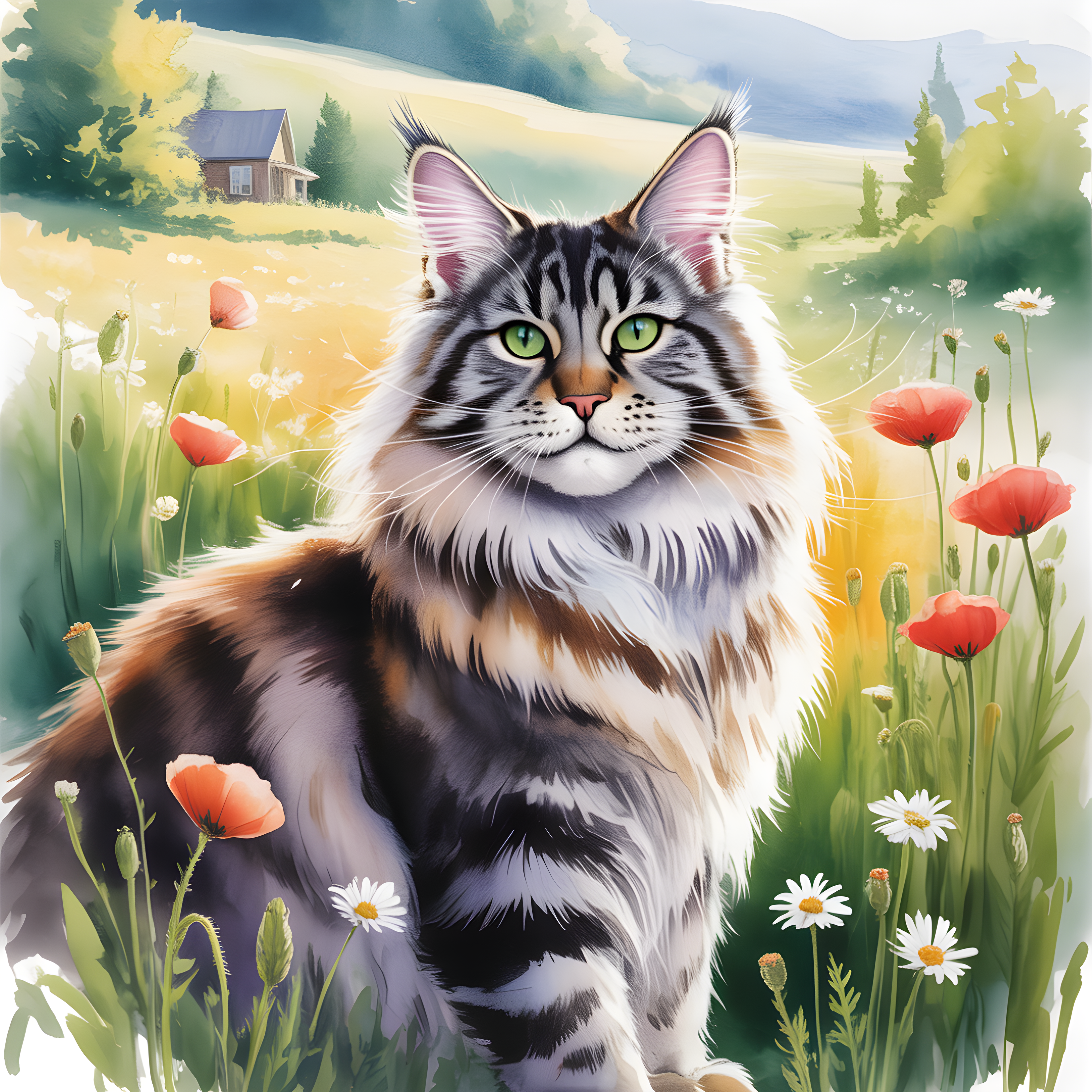 Fluffy Tabby Cat in Wildflower Meadow Watercolor Wall Art