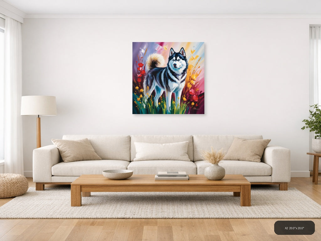 Husky Dog with Colorful Flowers Abstract Wall Art — A2 / Living Room