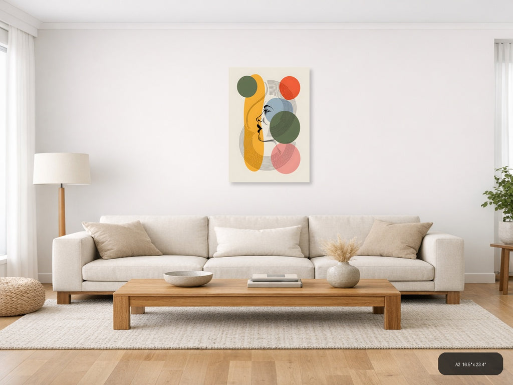 Abstract Line Art Portrait with Geometric Circles Wall Art — A2 / Living Room
