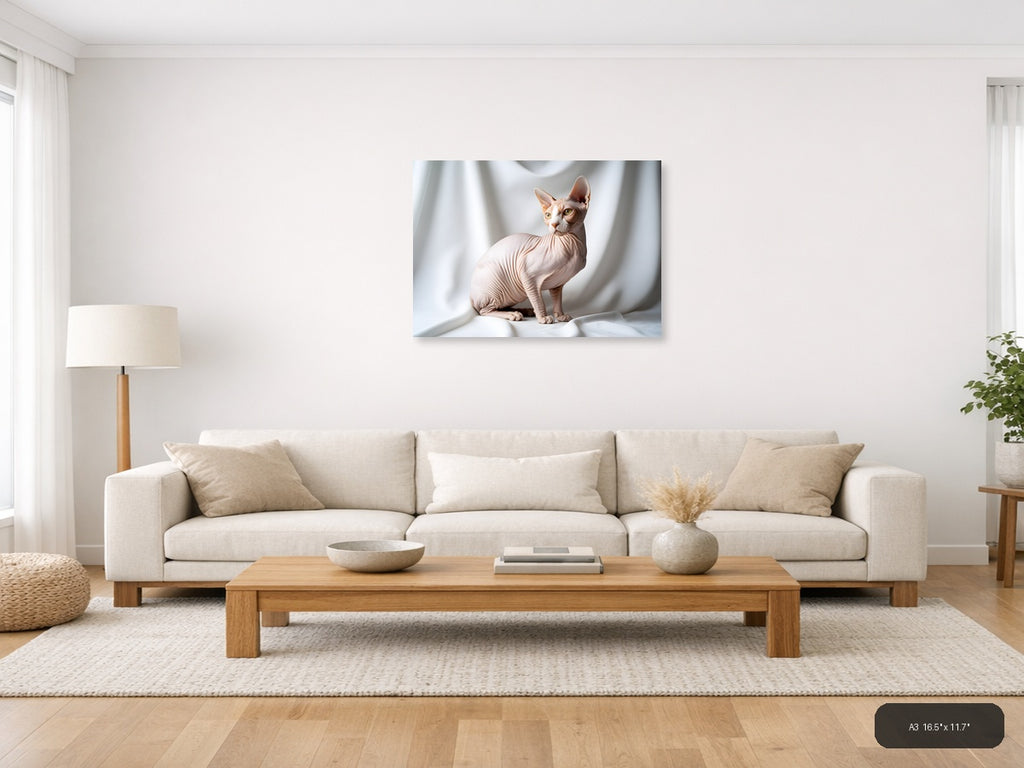 Minimalist Hairless Cat Portrait Landscape Wall Art — A3 / Living Room