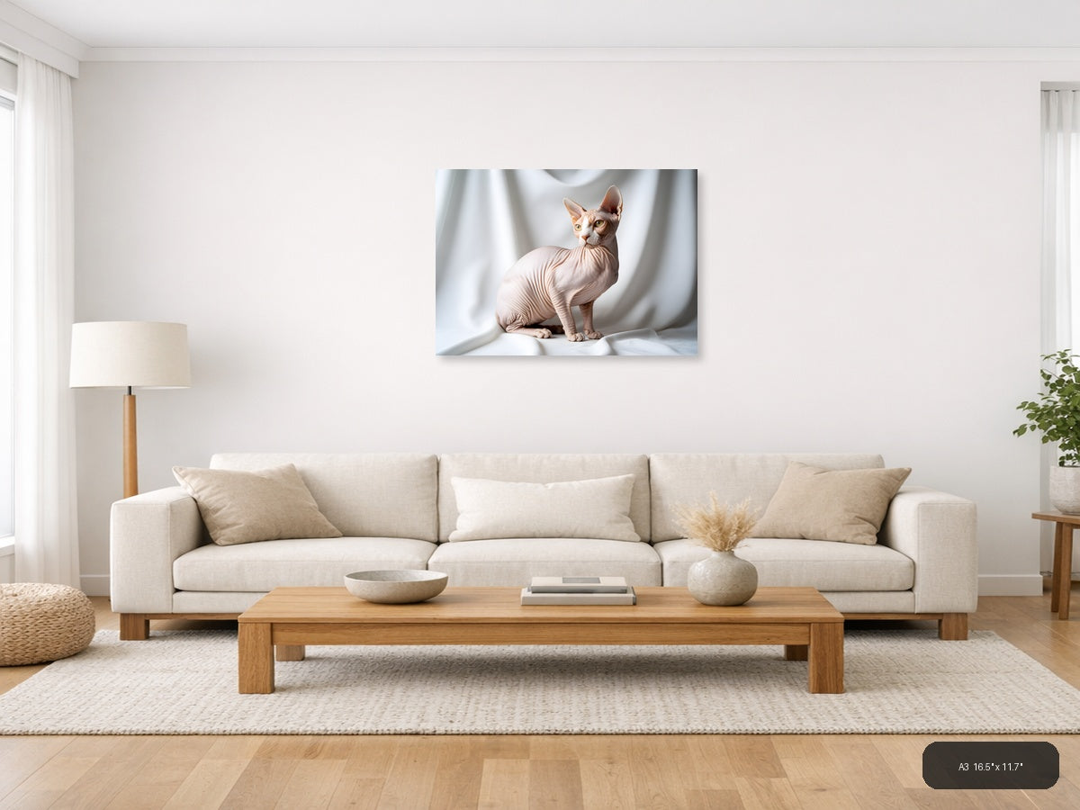 Minimalist Hairless Cat Portrait Landscape Wall Art — A3 / Living Room