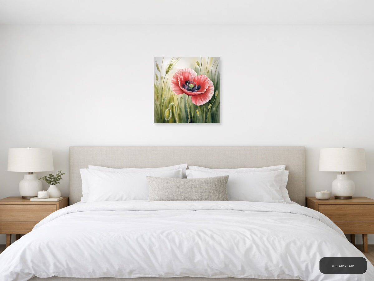Red Poppy Watercolor Flower with Wheat Field Wall Art — A3 / Bedroom