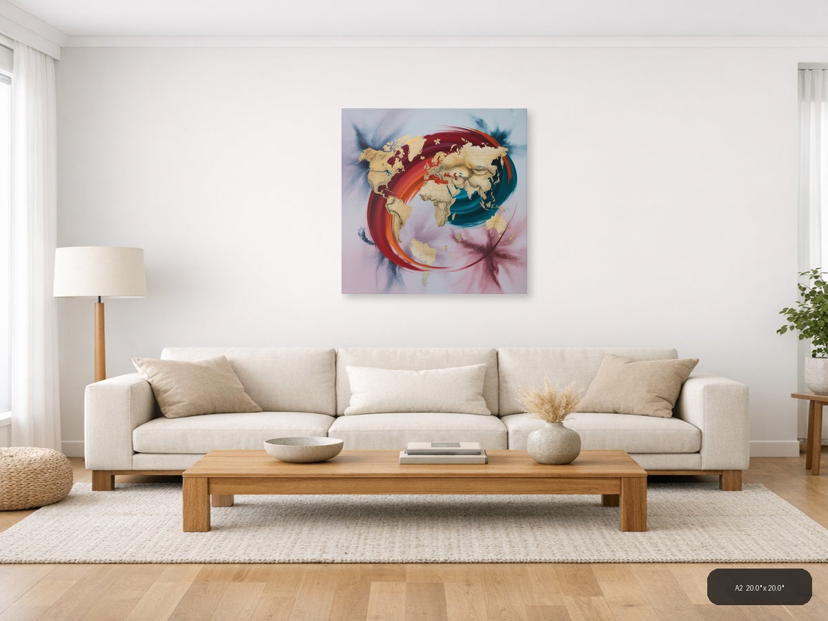 Abstract World Map with Red & Teal Flow Wall Art — A2 / Living Room