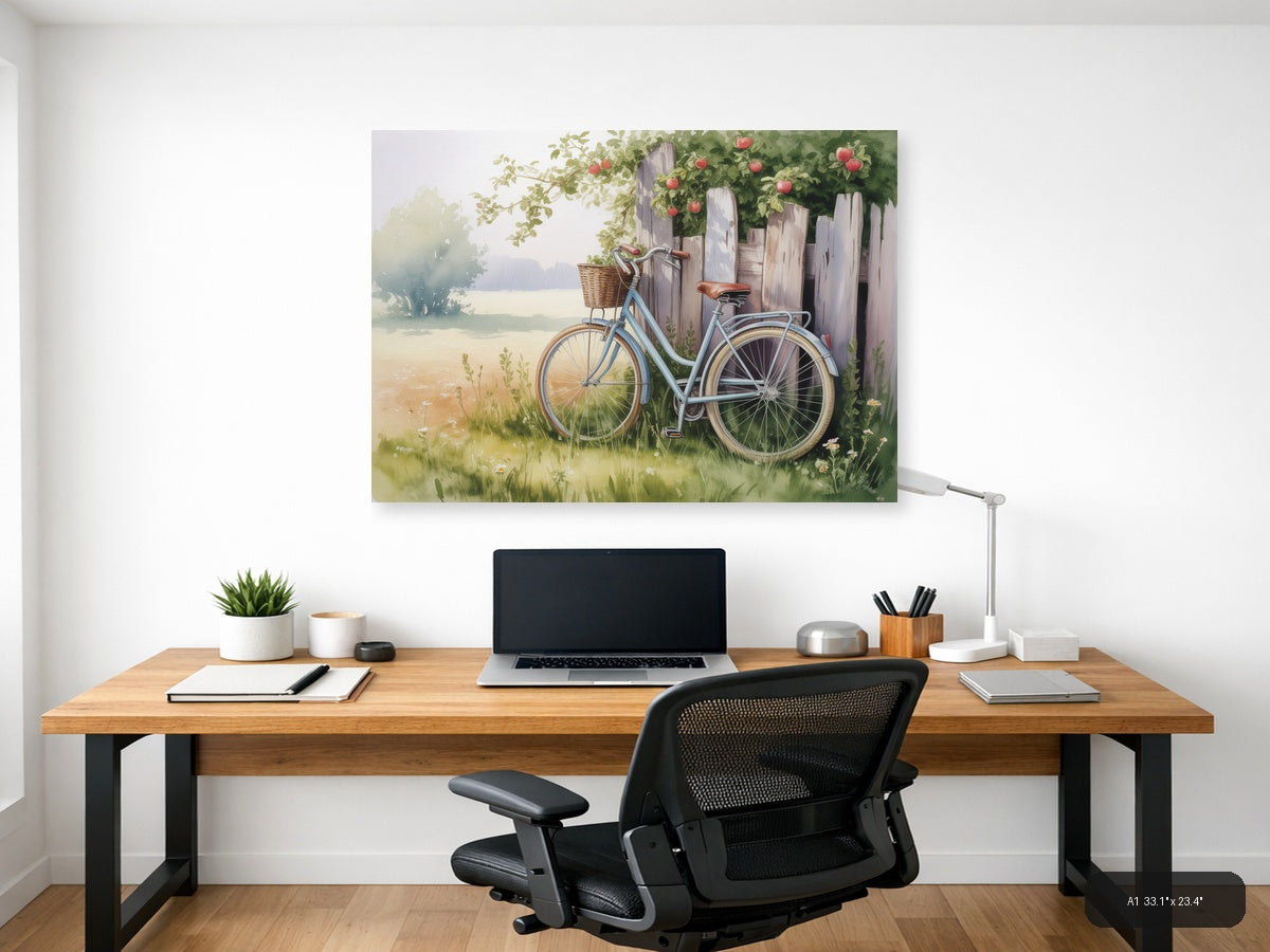 Vintage Bicycle by Wooden Fence - Watercolor Wall Art — A1 / Office