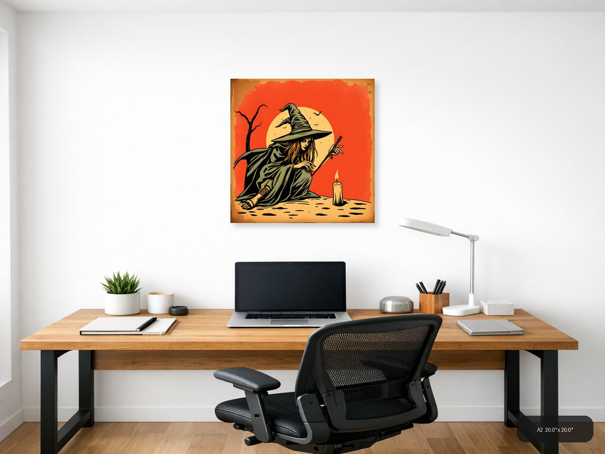 Vintage Witch with Broomstick Moon Wall Art — A2 / Office