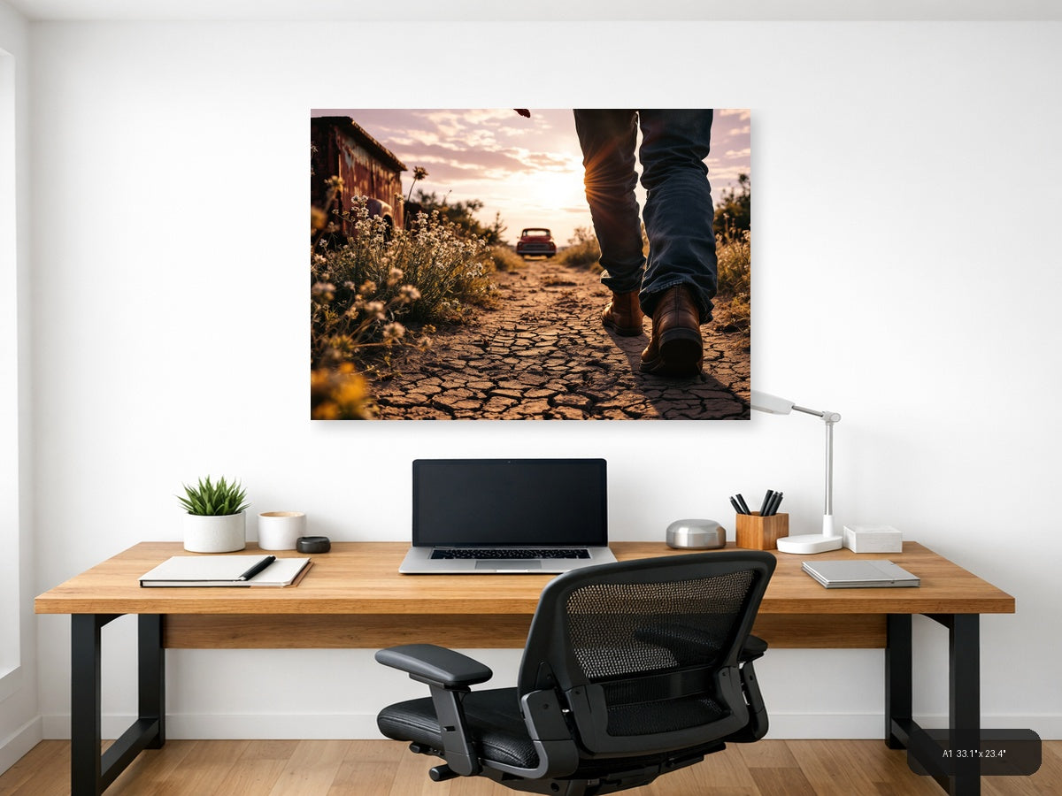 Vintage Desert Road Walk at Sunset Wall Art — A1 / Office