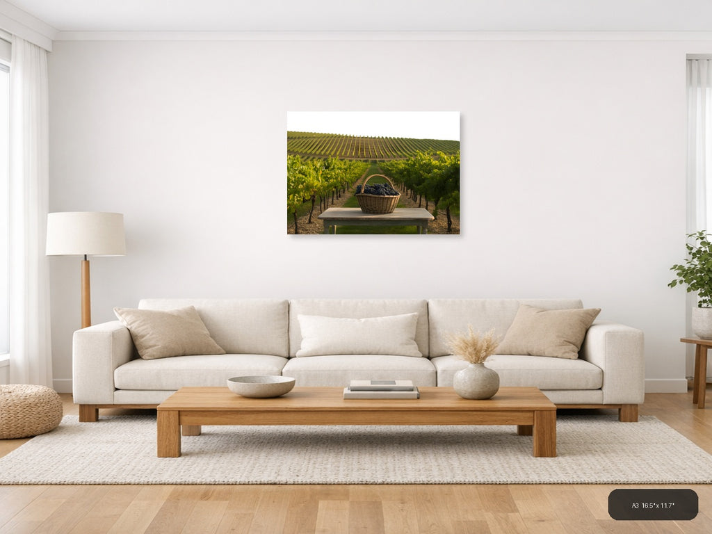 Vineyard Harvest Basket Minimalist Landscape Wall Art — A3 / Living Room
