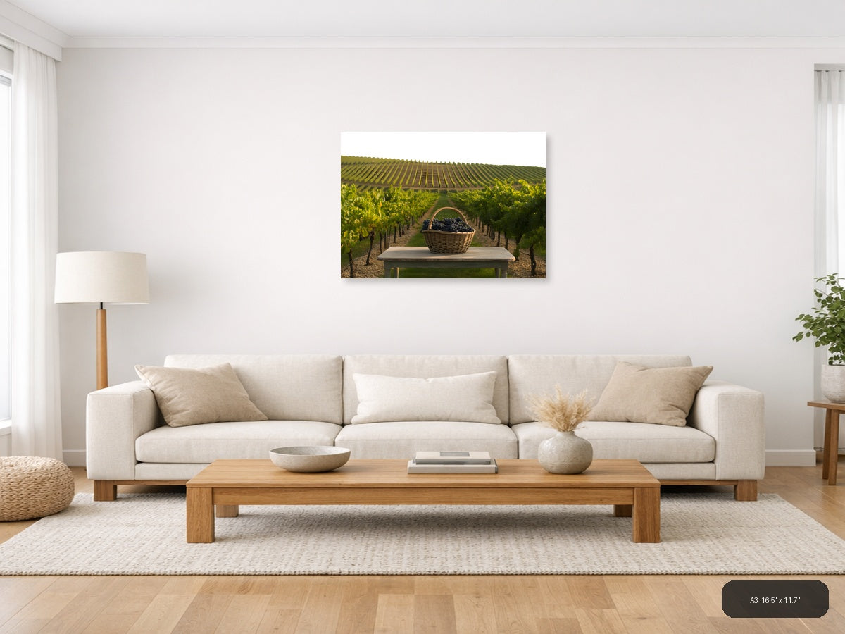 Vineyard Harvest Basket Minimalist Landscape Wall Art — A3 / Living Room