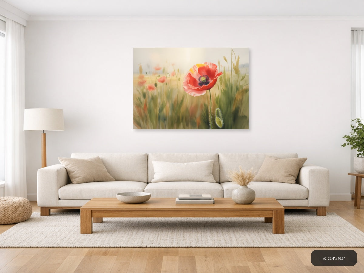 Red Poppy Wildflower Watercolor Landscape Wall Art — A2 / Living Room