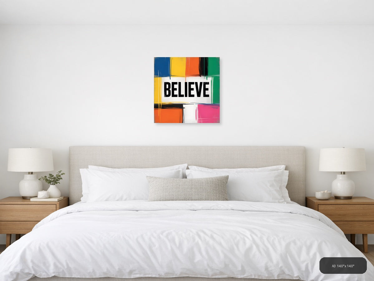 BELIEVE Colorful Abstract Blocks Square Wall Art — A3 / Bedroom