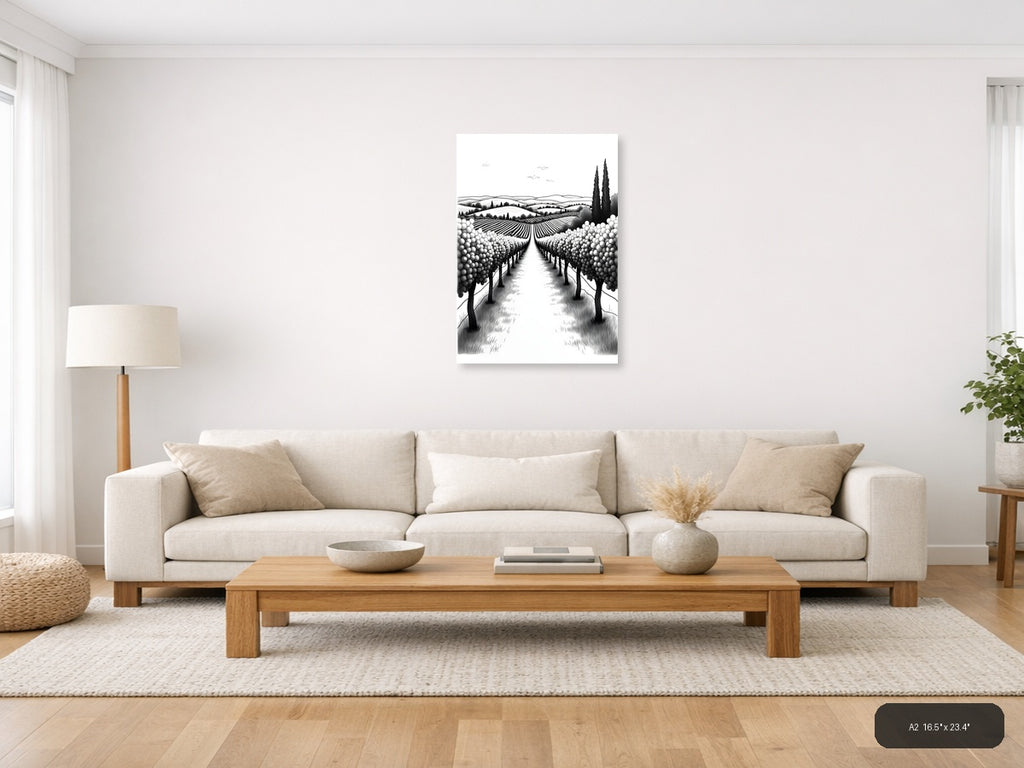 Tuscan Vineyard Landscape Line Art Black and White Wall Art — A2 / Living Room