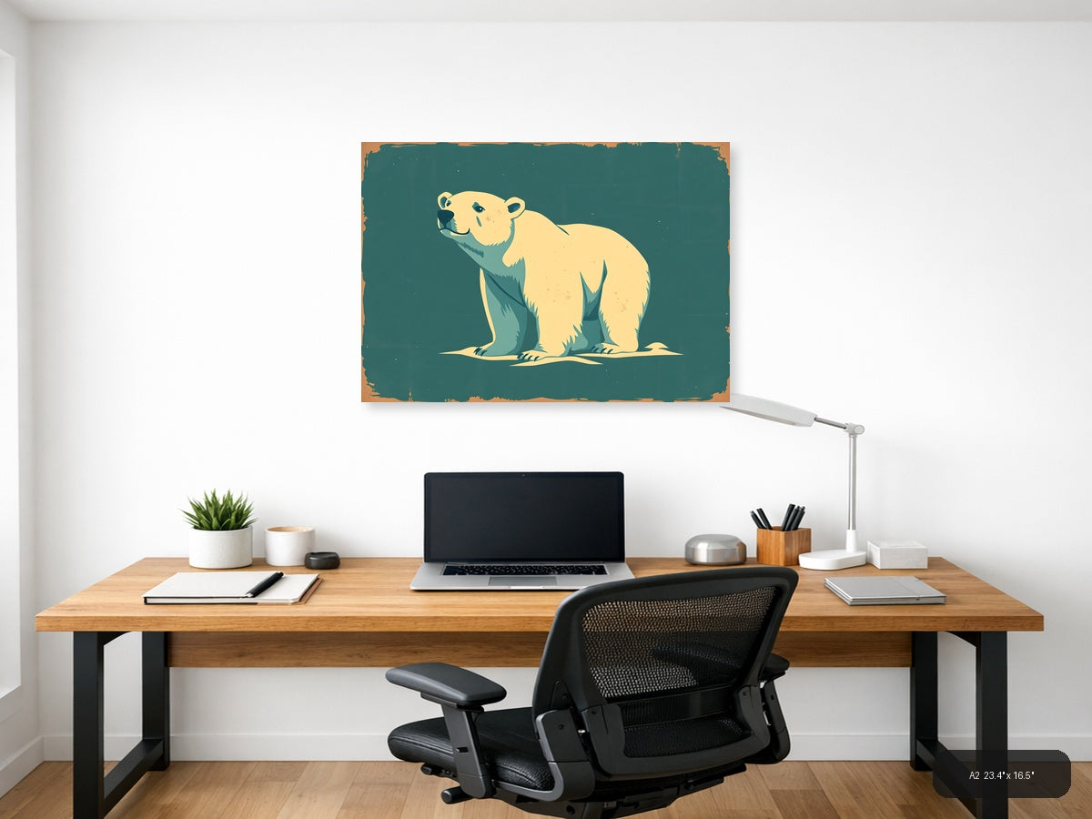 Vintage Polar Bear Illustration Teal Wall Art — A2 / Office