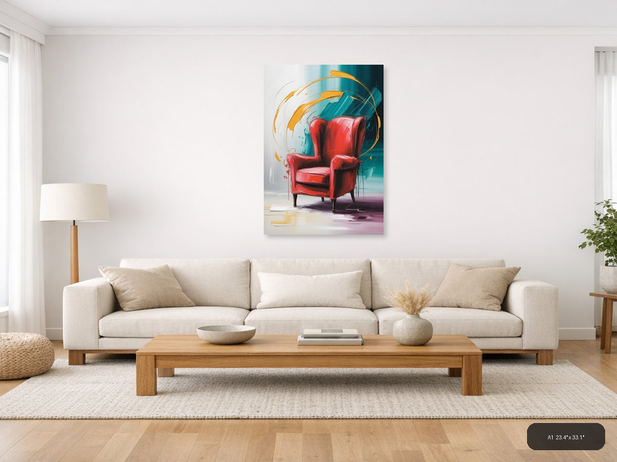 Red Chair Abstract Motion Teal Orange Wall Art — A1 / Living Room