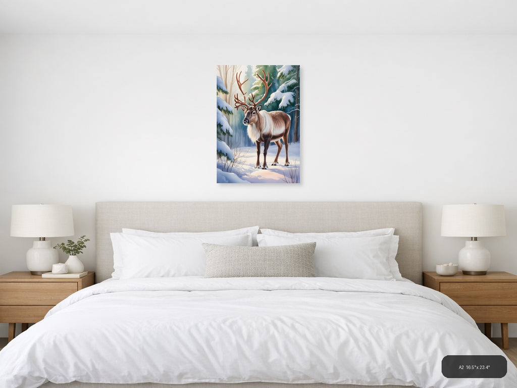 Winter Reindeer in Snowy Forest Watercolor Wall Art — A2 / Bedroom