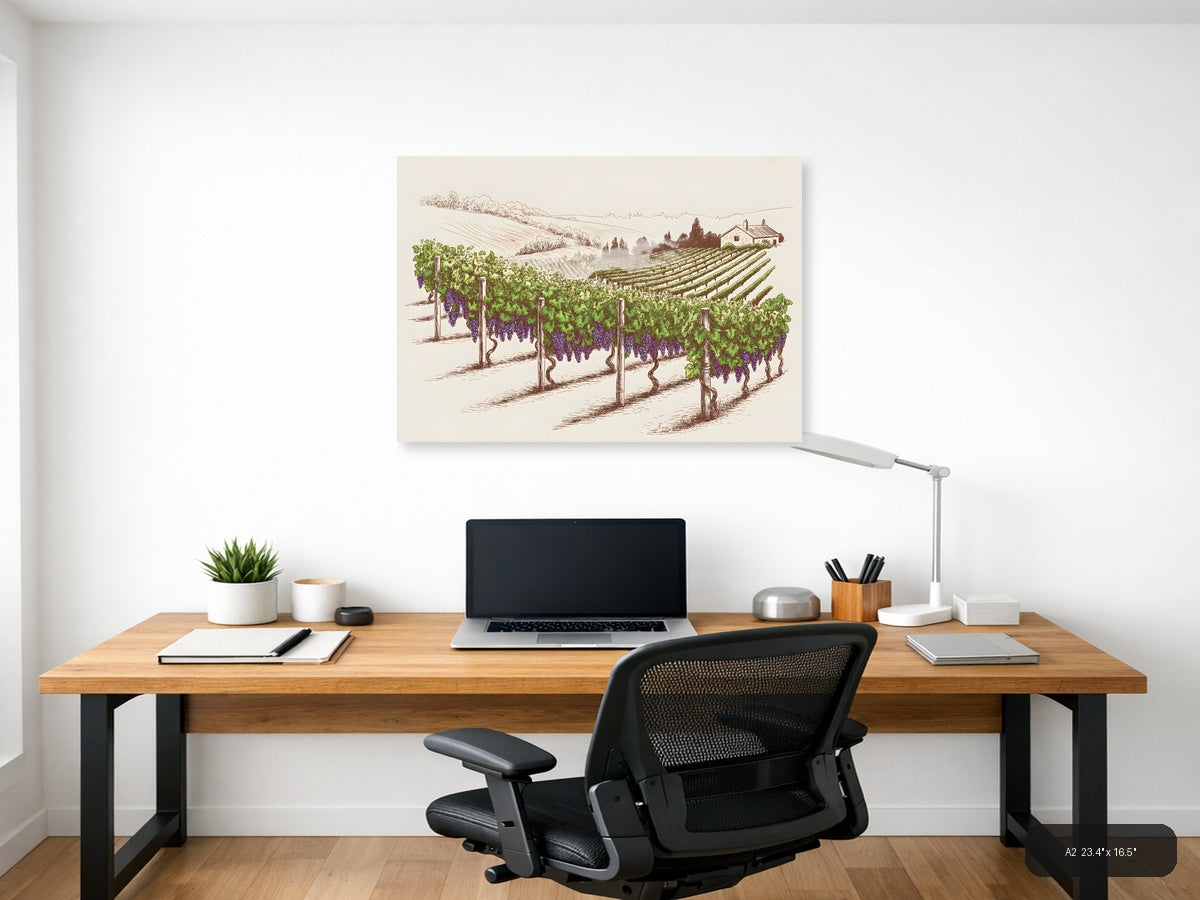 Vineyard Landscape Line Art - Wine Country Wall Art — A2 / Office