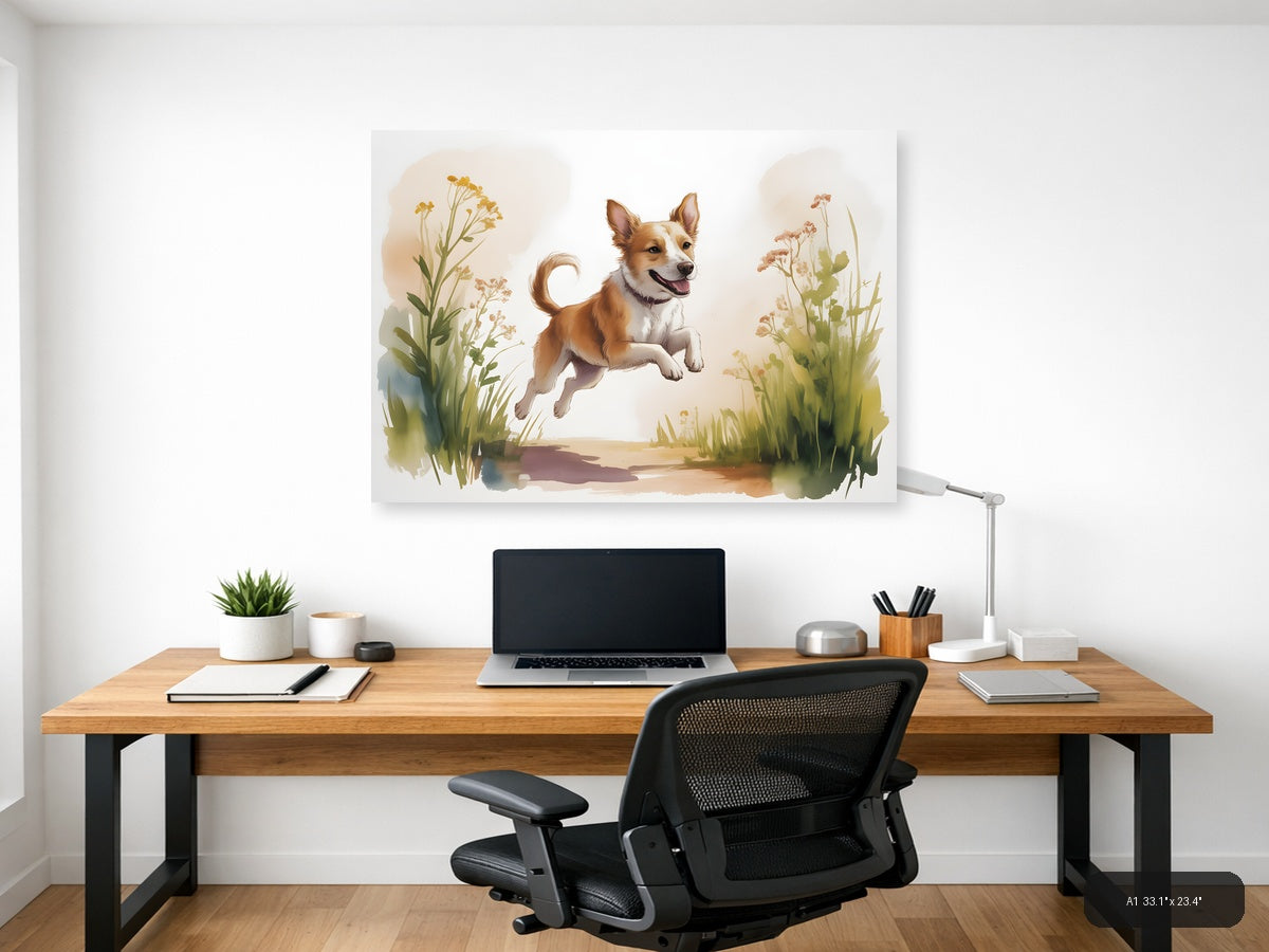 Happy Dog Jumping in Wildflowers Watercolor Wall Art — A1 / Office