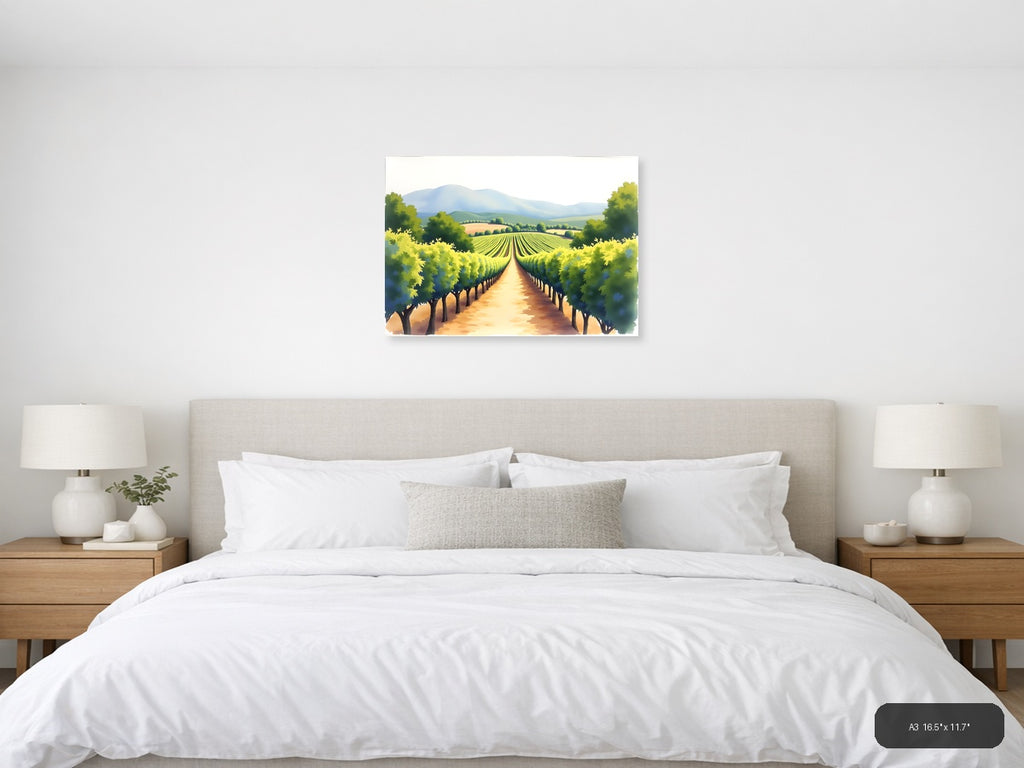 Vineyard Valley Watercolor Landscape Wall Art — A3 / Bedroom