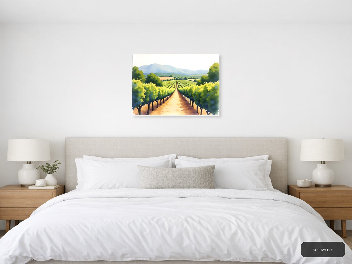 Vineyard Valley Watercolor Landscape Wall Art — A3 / Bedroom
