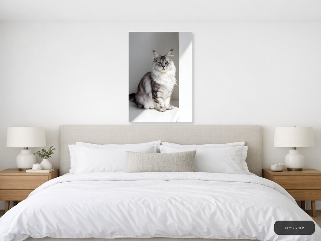 Gray Tabby Cat Portrait Minimalist Wall Art — A1 / Bedroom