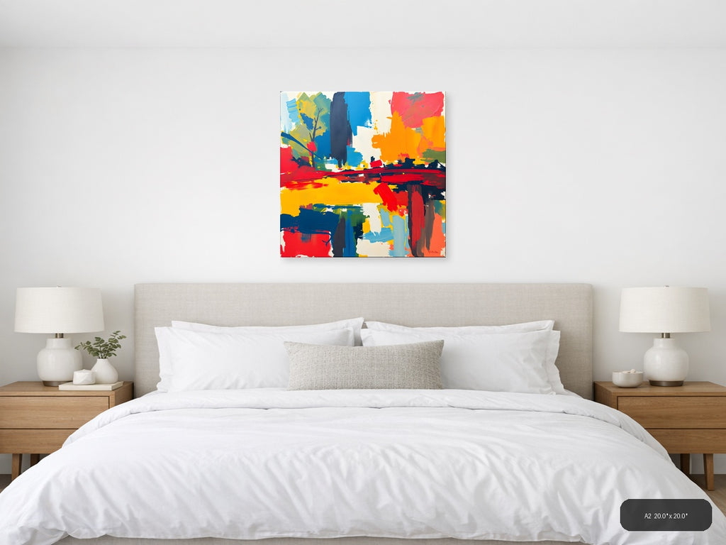 Vibrant Abstract Landscape with Blue Tower Wall Art — A2 / Bedroom