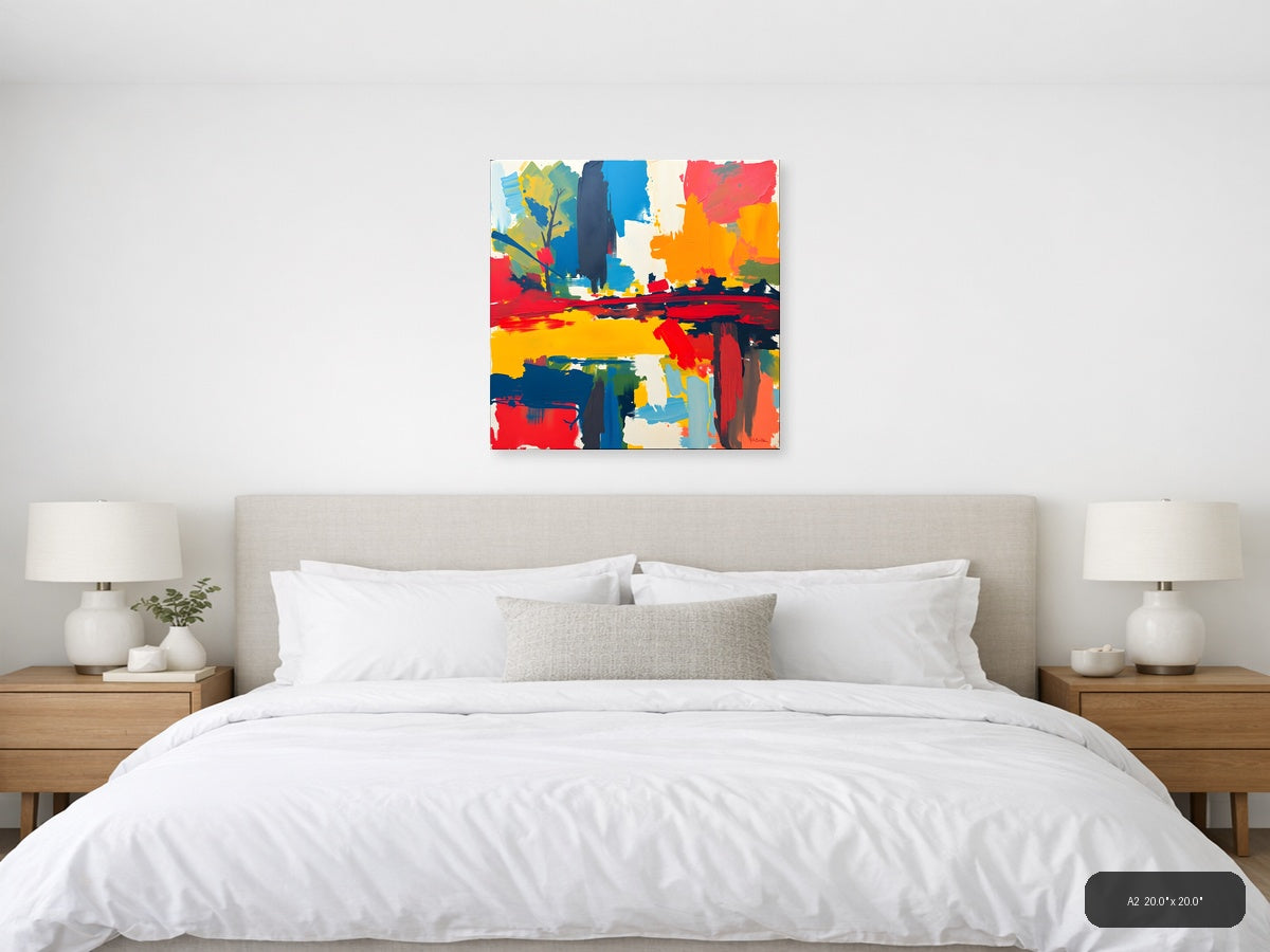 Vibrant Abstract Landscape with Blue Tower Wall Art — A2 / Bedroom