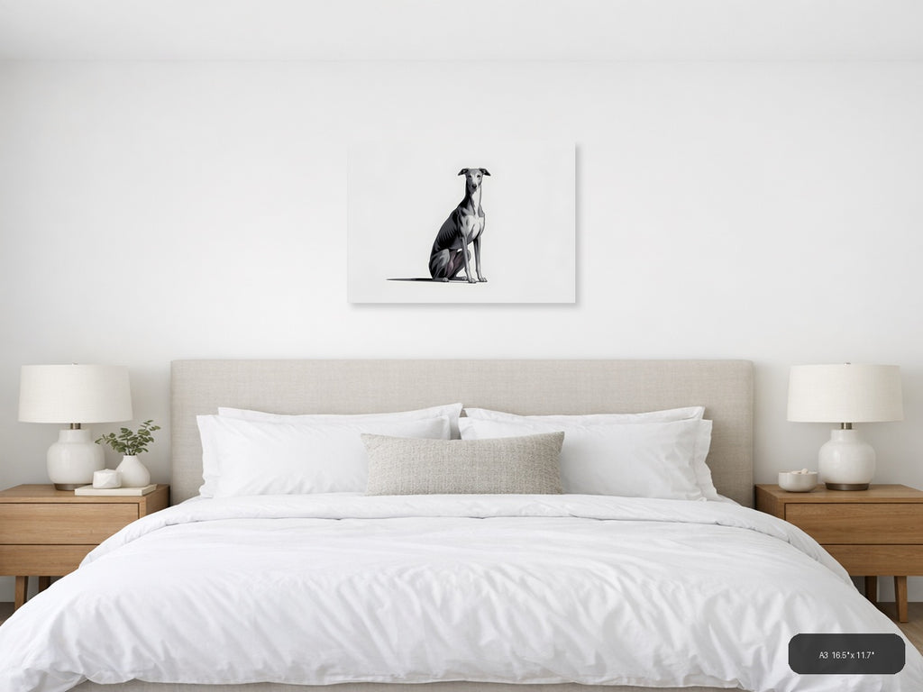Minimalist Greyhound Sitting Portrait Wall Art — A3 / Bedroom