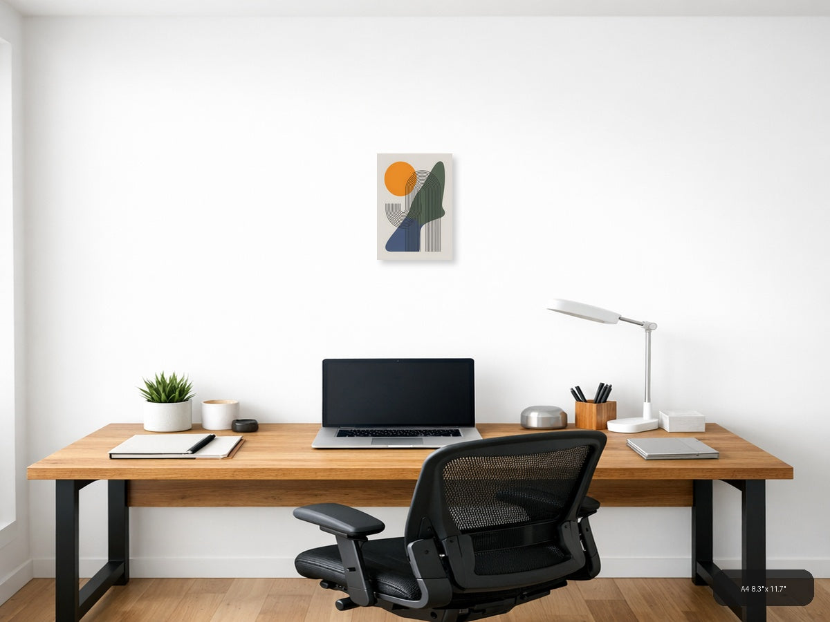 Abstract Line Art Portrait with Orange Sun Wall Art — A4 / Office