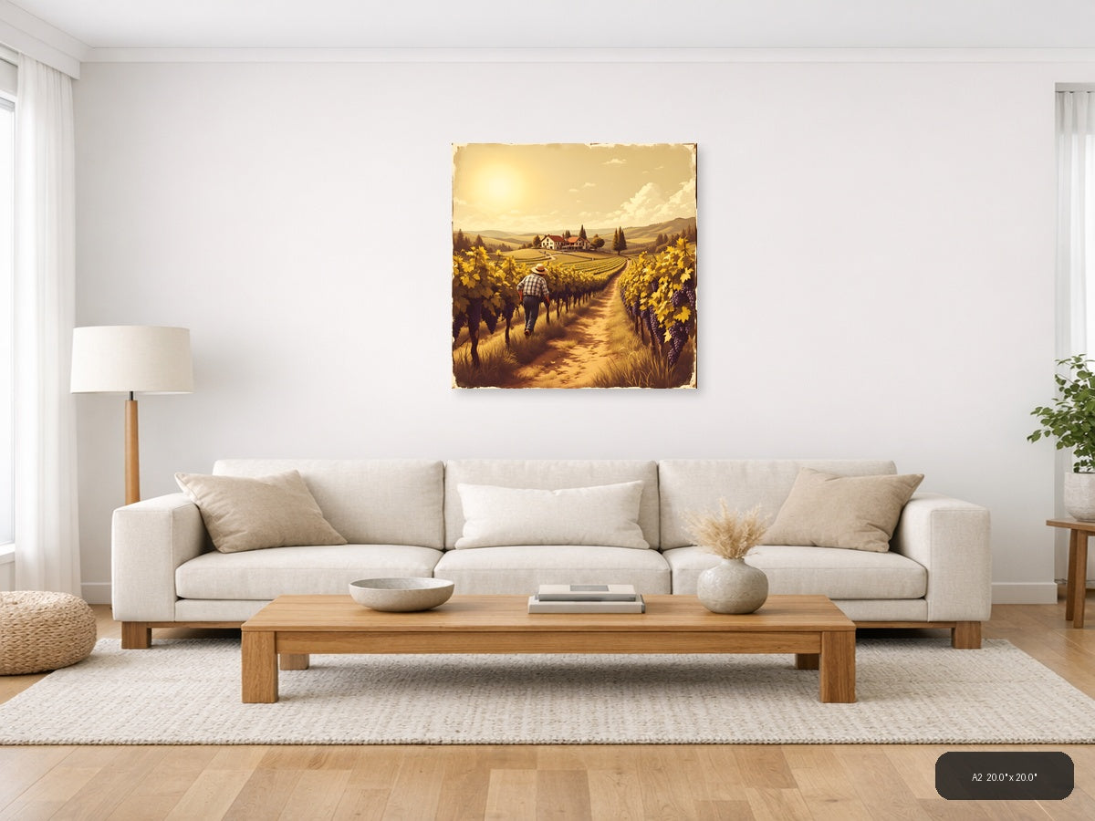 Vintage Vineyard Harvest Farmer Walking Path Wall Art — A2 / Living Room