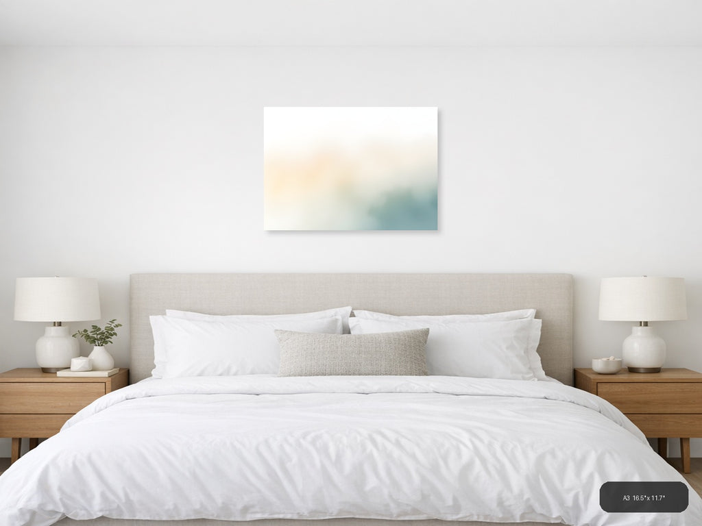 Serene Watercolor Landscape with Soft Teal & Cream Wall Art — A3 / Bedroom