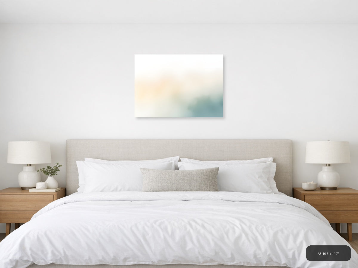 Serene Watercolor Landscape with Soft Teal & Cream Wall Art — A3 / Bedroom