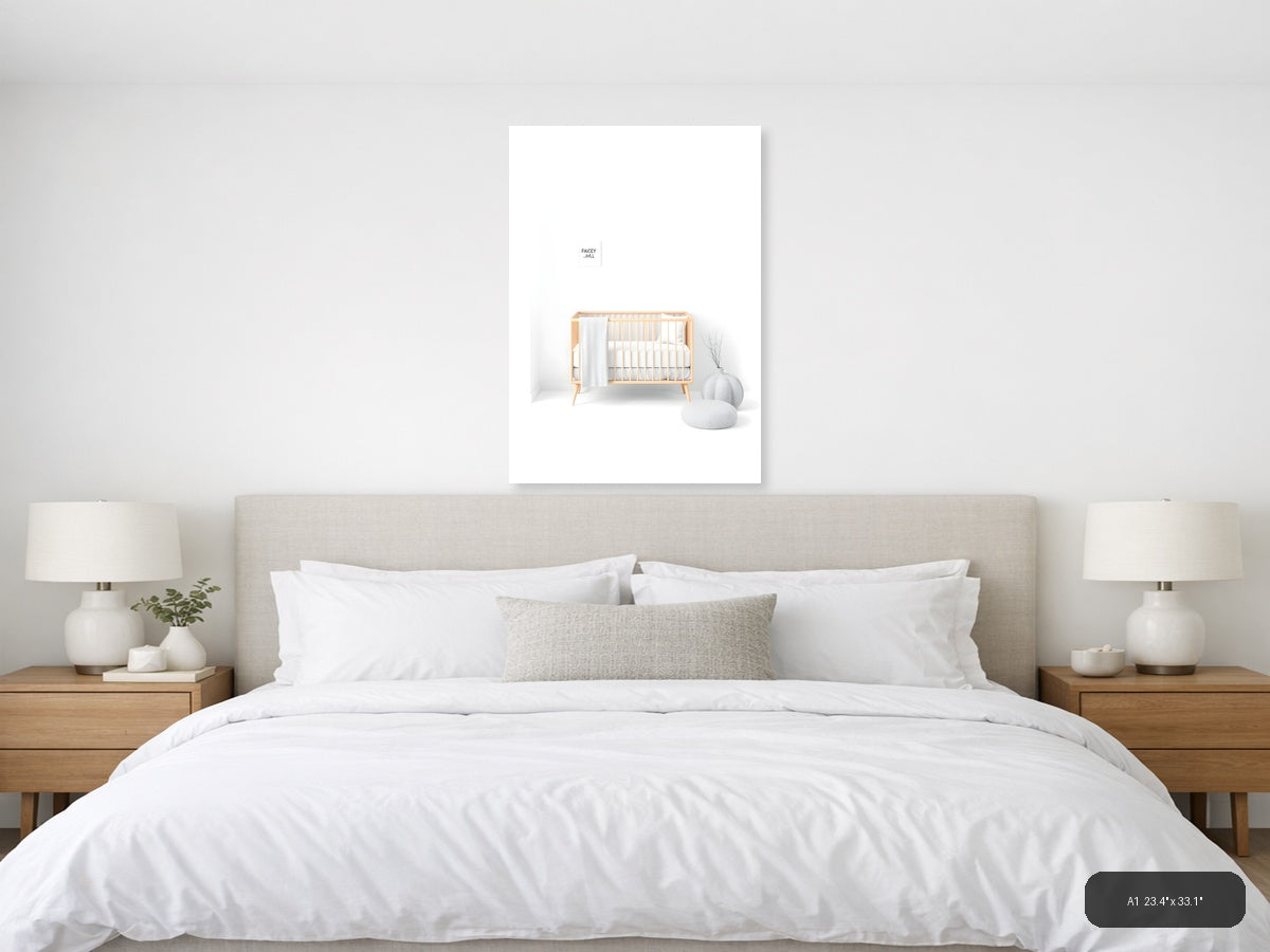 Minimalist Nursery Interior with Wooden Crib Wall Art — A1 / Bedroom