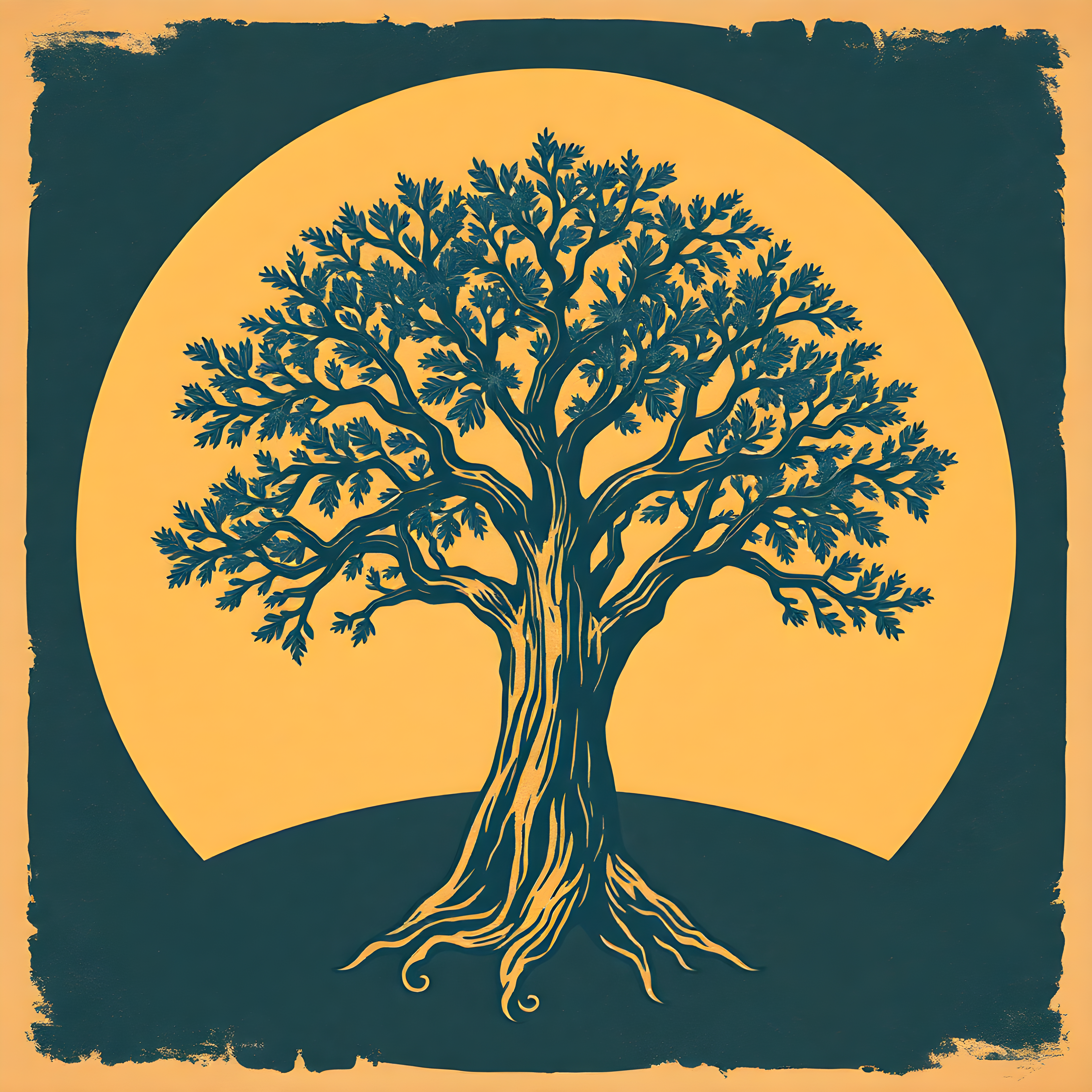 Vintage Tree of Life Against Golden Sun Wall Art