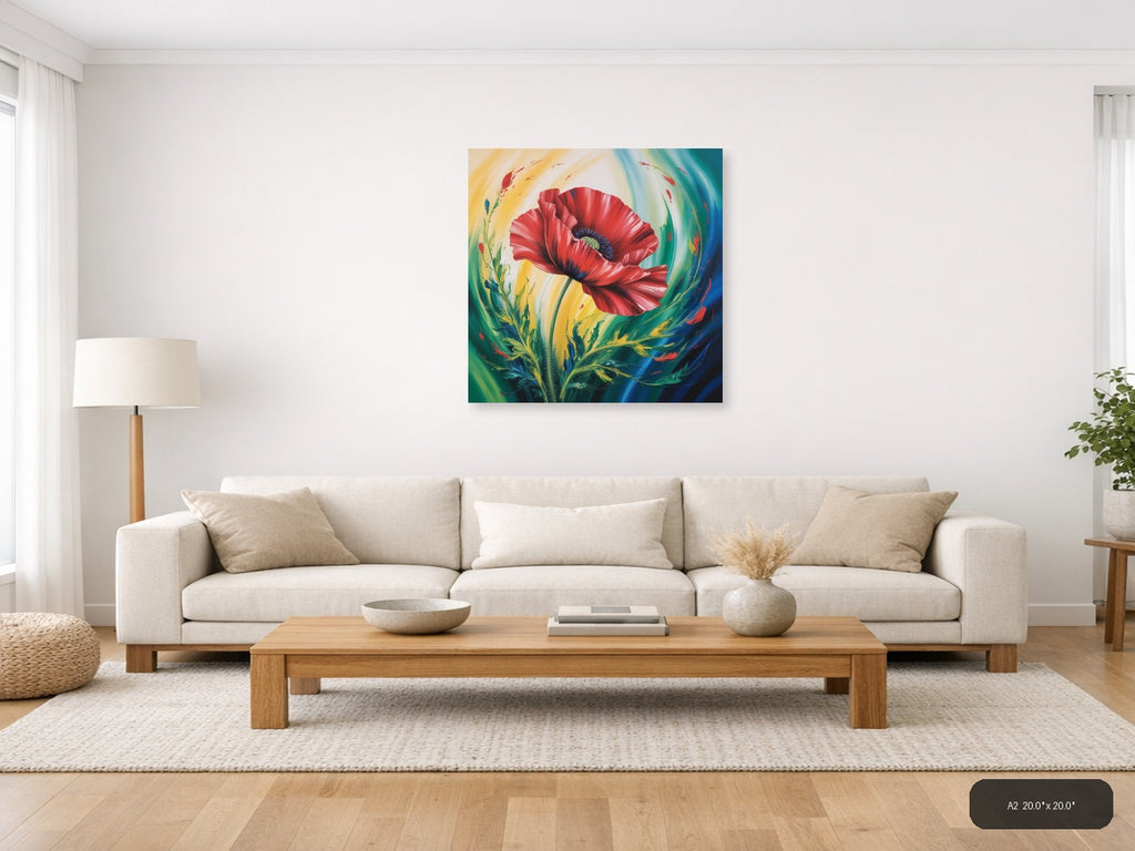 Red Poppy Abstract Flower Canvas Wall Art — A2 / Living Room