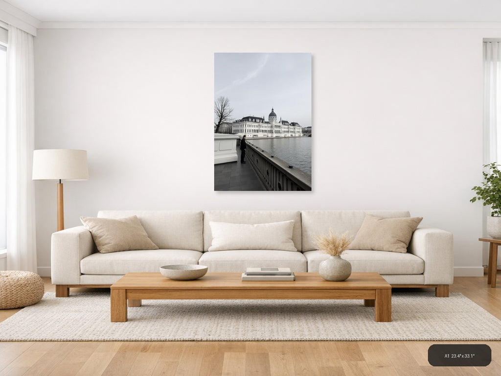 Man at Railing Overlooking Grand Palace | Minimalist Wall Art — A1 (Living Room)