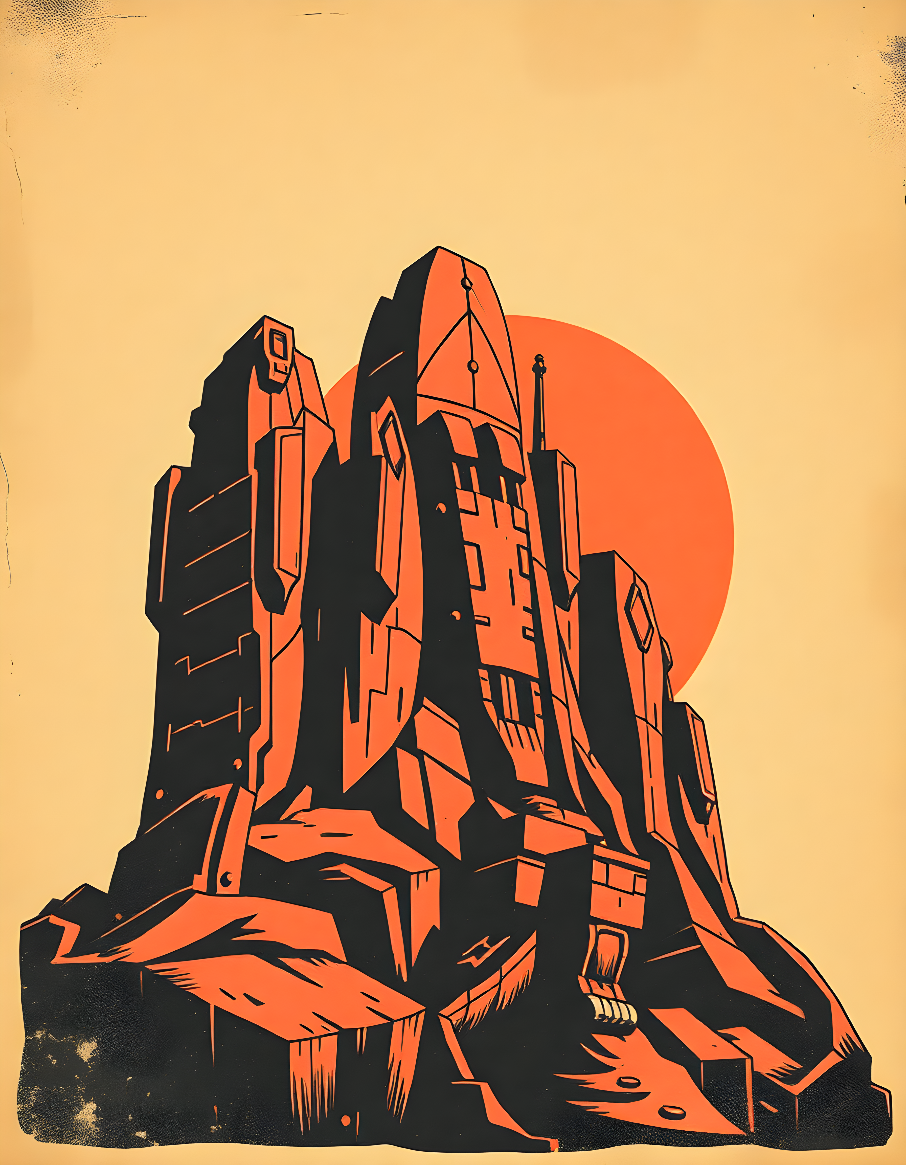 Vintage Futuristic Tower Sunset Orange Black Wall Art