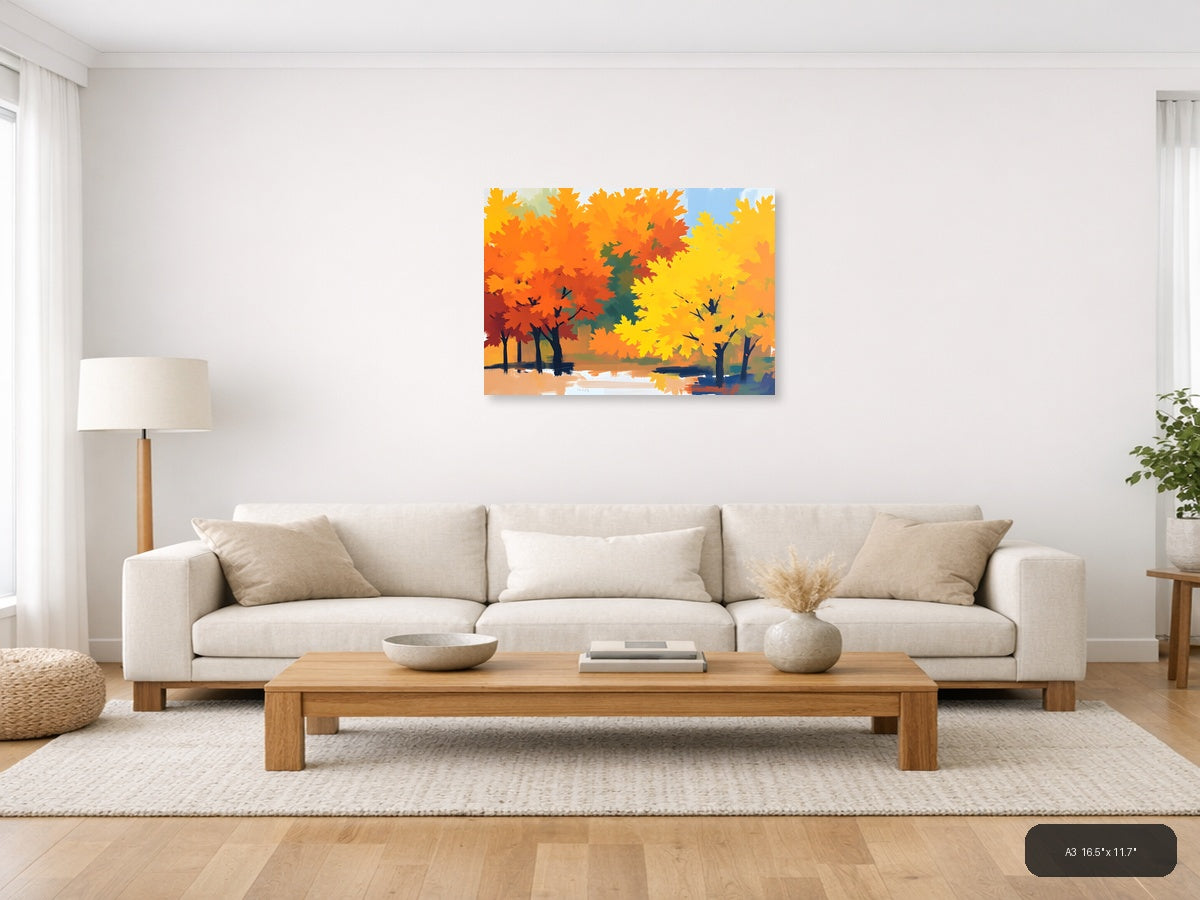 Abstract Autumn Trees by Water Landscape Wall Art — A3 / Living Room